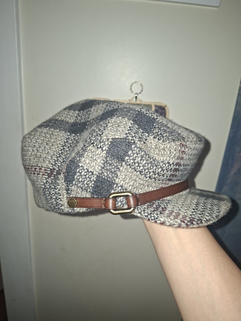 Burberry 100% Wool Plaid with Leather Accent Newsboy Hat
